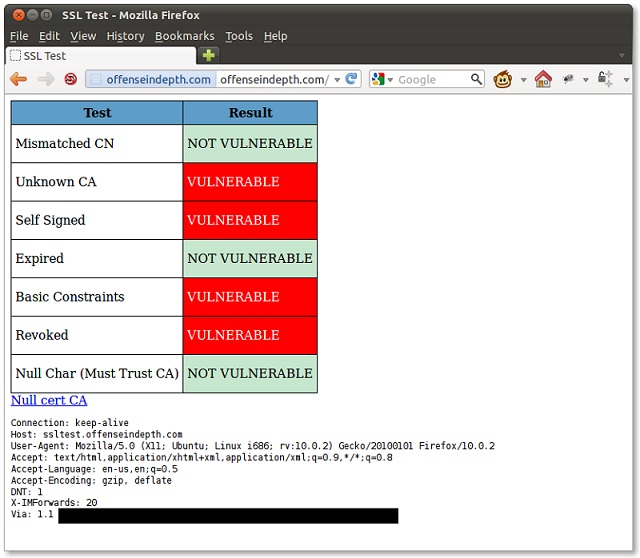 SSL test framework showing several vulnerabilities.